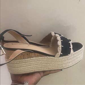 Cato Black and Cream Espadrille Wedges
